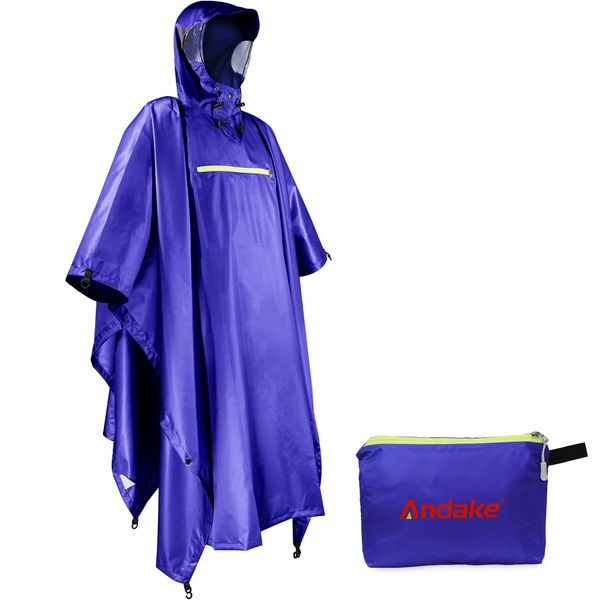 Andake Rain Poncho Waterproof Adult, Lightweight Reusable Raincoat Women Unisex with Hood for Hiking, Camping, Cycling, Outdoor Activities (Dark Blue)