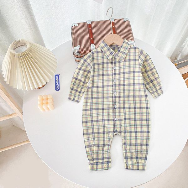 Baby Boy Classic Plaid Pattern Lapel Design Long Sleeve Rompers - 66 (3-6M) / Apricot