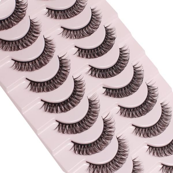 Russian Strip Lashes Wispy Natural D Curl False Lashes Fluffy Natural Look Faux Mink Eyelashes 10 Pairs Fake Eye Lashes Pack(12mm)