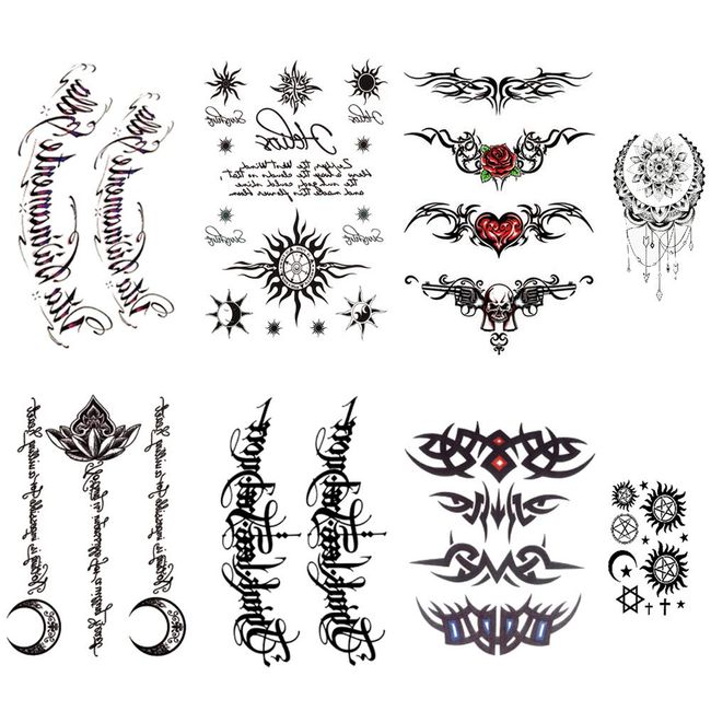 Yesallwas English Letters Sun Moon Tribal 8 Pcs Large Realistic Japanese Black Tattoo Sticker Body Seal Waterproof Long Lasting Decal Tattoo
