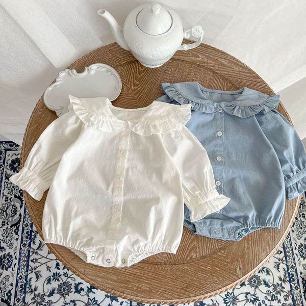 Baby Girl Solid Color Lace Doll Neck Long Sleeve Bodysuit - 73 (6-9M) / Blue