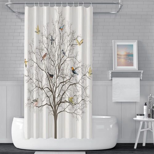 DORCEV 48x72inch Cute Birds Shower Curtain Branches Tree Shower Curtain Flying and Sitting Birds on The Tree Branch Nature Peace Theme Bath Curtain Abstract Brown Lines Bathtub Curtain with Hooks