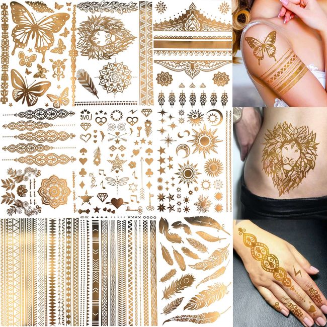 Bilizar 9 Blatt 110+ Gold Temporäre Tattoos Aufkleben Damen Flash Glitzer Goldene, Metallic Festival Accessoires Party Zubehör Frauen Mädchen Haut Klebetattoos Erwachsene Halloween