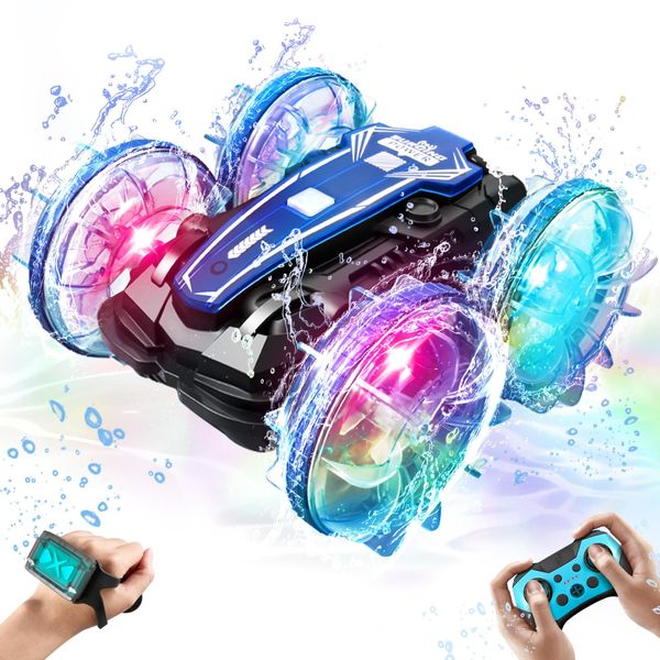 Amphibious RC Car for 8-10 Year Old Kids, 2024 New 4WD Gesture Remote Control Car Boat with Waterproof Remote Control, 2.5 GHz All Terrain Remote Control Vehicle with LED Lights Water Beach Pool Toy