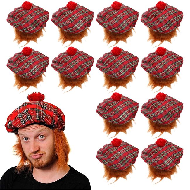 Tam O' Shanter Hat with Wig X 12 - Scottish Fancy Dress Hat and Ginger Wig - St Andrews Day - Scotland Burns Night