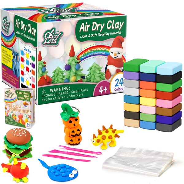 Chico Land Clay Kit - 24 Colors Air Dry Clay, Gift for Boys & Girls Age 4+ Year Old, DIY Model Modeling Clay kit for Kids, with Sculpting Tools, Storage Bags, Kids Art Crafts