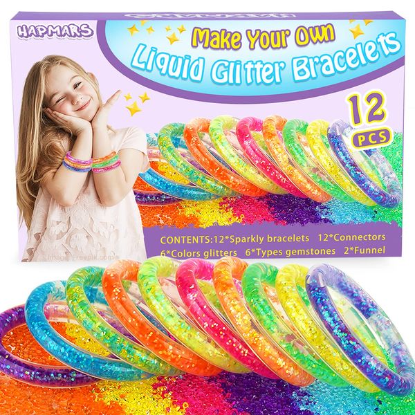 HAPMARS Make Your Own Glitter Water Bracelets Craft Kit, Gem Art Bracelet for Kid, Friendship Bracelet Jewelry Making Kit, Art & Craft Gift for Girls Age 6 7 8 9 10 11 12