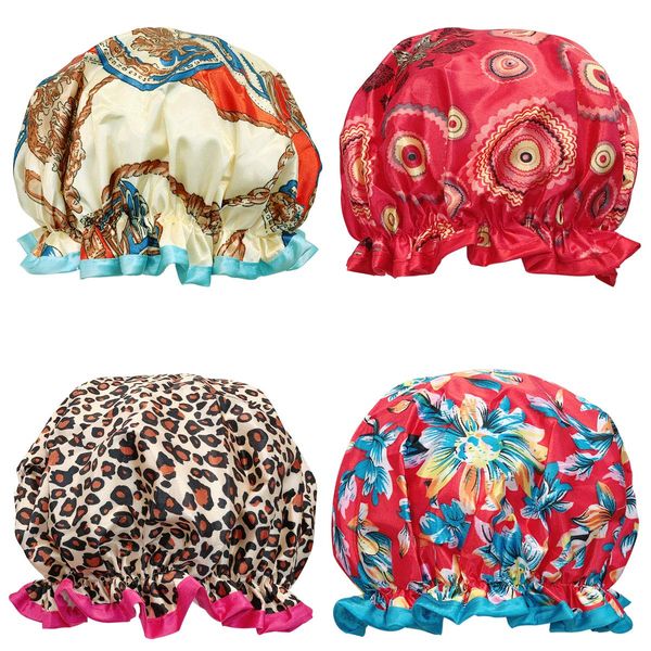 Wrapables® Stylish Double Layer Waterproof Shower Caps (Set of 4), Retro Floral