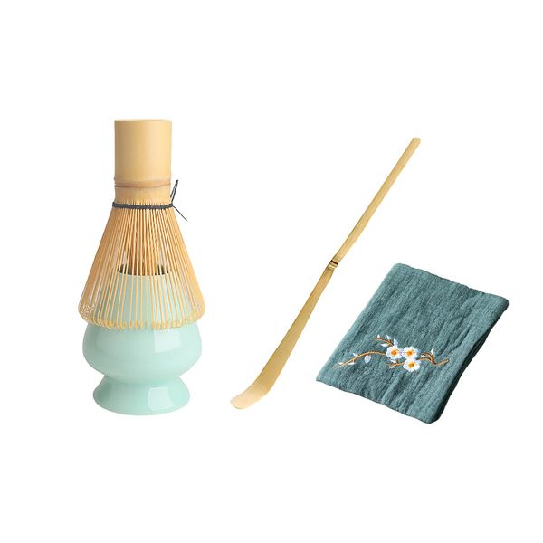 Tea Whisk Set, 100 Bonpons Chasen, Chasen Stand, Kusedai, Chasaku, Tea Utensil Set, Matcha Whisk Set, Matcha Tea Whisk Set, Green Tea Towel (Green)