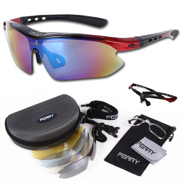 FERRY Sports Sunglasses, Mirror Lens, Full Set with 5 exclusive replacement lenses, Unisex, red