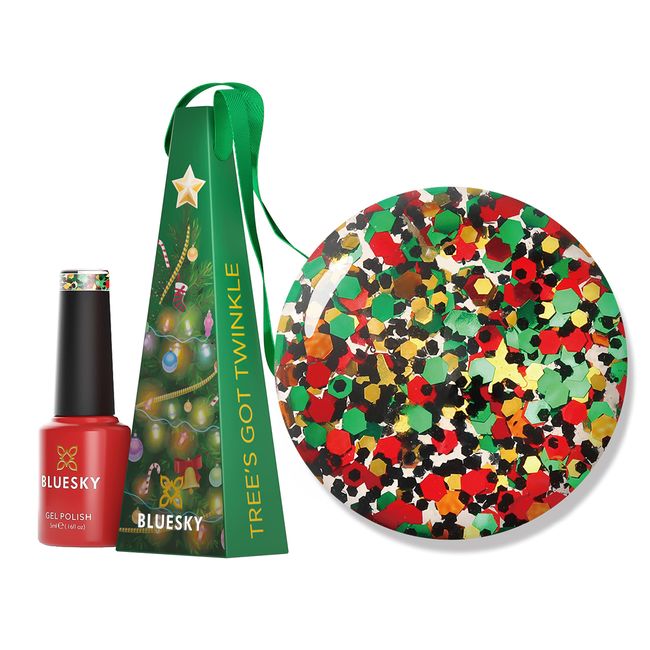 BLUESKY Gel Nail Polish, Gel Polish Bauble - Tree's got Twinkle, decoration with exclusive 5ml Colour, Green, Gold, Red Glitter (Requires curing under UV/LED Light), Multi