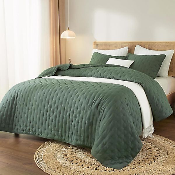 Lightweight Quilt Set Queen Size, Oversized Green Bedspread Coverkets for Queen