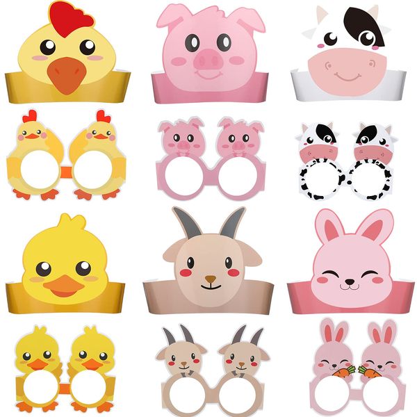 48 Pieces Farm Animal Paper Eyeglasses Farm Animal Birthday Paper Crown Headbands Farm Kids Birthday Party Hats Cow Chicken Barnyard Party Favors for Kids Toddlers Baby Holiday Games Party Supplies