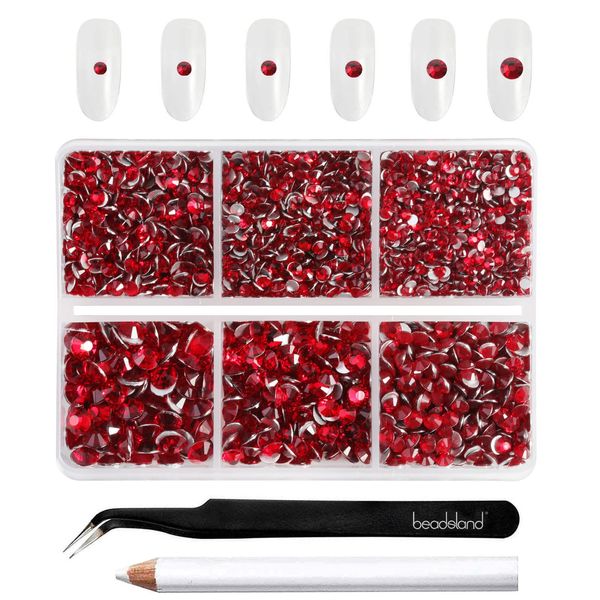 Beadsland 4300pcs Flatback Rhinestones,Red Rhinestones Nail Gems Round Crystal Rhinestones for Crafts,Mixed 6 Sizes with Picking Tweezers and Wax Pencil Kit, SS6-SS20, Siam