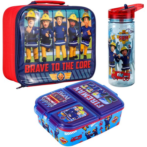 Zawadi Global Fireman Sam Kids Childrens Lunch Box Set – Insulated Lunch Bag, Multicompartment Lunch Box & 580ml Water Bottle - School Travel Lunch Food Set, BPA Free