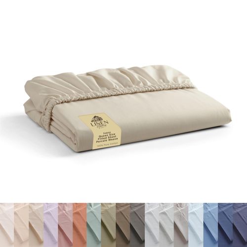 Linen Home 100% Cotton Percale Weave Fitted Sheet, Queen Size, Ivory, 1 Deep Pocket Fitted Sheet, Fits Mattress Upto 16" Crisp and Cool Strong Bed Linen, 60"X80"+15"