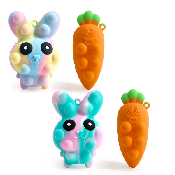 4PCS Easter Pop Stress Balls Fidget Toys, 3D Bunny + Carrot Push Bubble Sensory Balls Fidget Toy, Soft Silicone Squeeze Toys for Kids Adults Stress Relief Party Favors