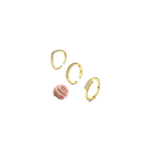 WillTen 3Pcs Gold Toe Rings Stainless Steel Toe Rings for Women, Flower Diamante Adjustable Bend Open Toe Ring Plain Thin CZ Toe Finger Tail Ring Summer Beach Toe Jewellery for Lady Women Men