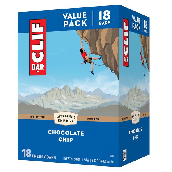 CLIF BARS - Energy Bars - Chocolate Chip - Made with Organic Oats - Plant Based Food - Vegetarian - Kosher (2.4 Ounce Protein Bars, 18 Count) Packaging May Vary