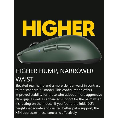 Pulsar Gaming Gears X2H mini Wireless Gaming Mouse, Founder's Edition, Ultra Lightweight 1.83 oz (52 g), Symmetrical, Optical Switch, 2.4 Ghz 1 ms, 26000 DPI, PAW3395 Sensor (Mini, Wireless, Green)
