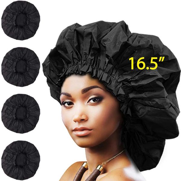 4 Pack Shower Cap Extra Large Premium 16.5 inch Super Jumbo Size Reusable Bath Hair Cover for Protecting Dreadlocks Braids (Black)