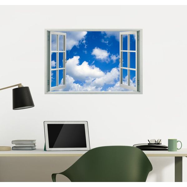 Walls 360 Peel and Stick Faux Window Wall Decal Happy Clouds in Blue Sky (24 in x 16 in)