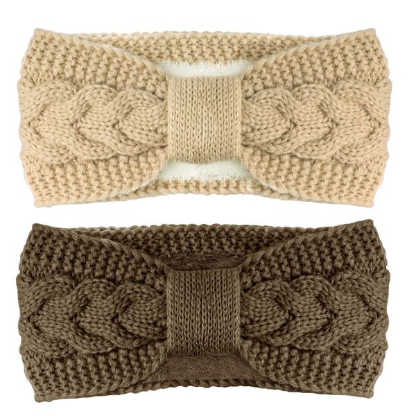 Telgoner Stirnband Damen Winter, 2 Pcs Stirnbänder Strick, Haarband Ohrenwärmer Elastische, Haarbänder Verdicken Headwrap Kopfband für Damen/Frauen/Mädchen (Beige + Khaki)