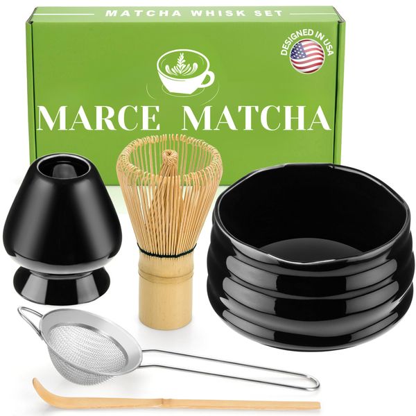 Marce Matcha Whisk Set- Matcha Whisk and Bowl, Matcha Sifter, Matcha Whisk Holder and Matcha Spoon- The Perfect Matcha Kit for Matcha Tea (Black)