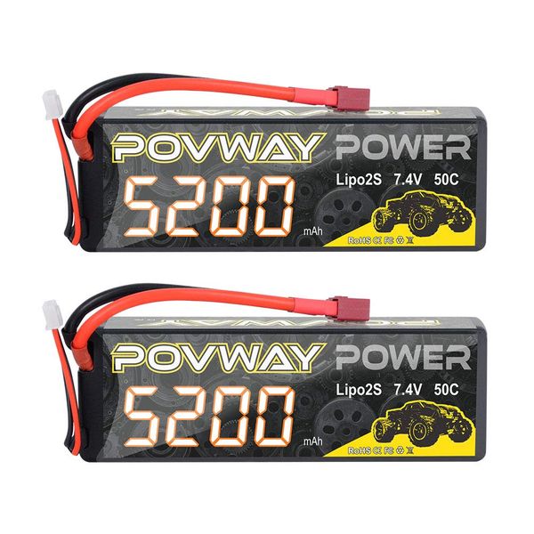 POVWAY 5200mAh 2S LiPo Battery 50C 7.4V RC Battery Hard Case with Dean-Style T Connector for RC Cars, RC Truck, RC Airplane, RC Helicopter, Drone, Quadcopter (2S 5200mAh 50C Tplug -2pack)