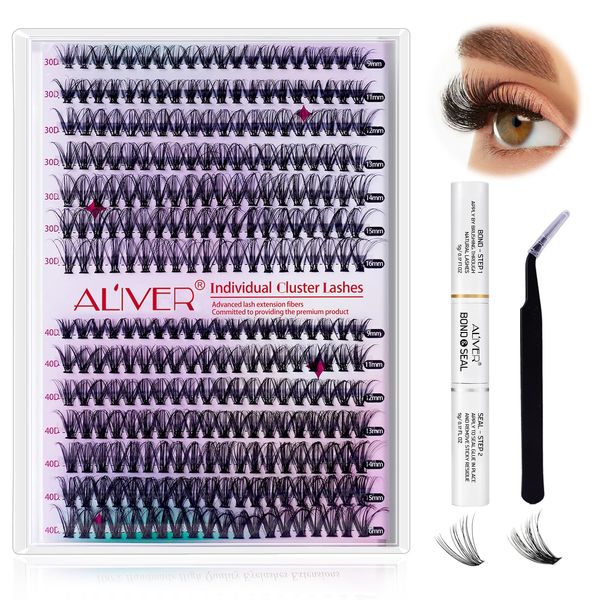 DIY Lash Extension Kit, 280pcs Individual Volume Lashes Cluster 9-16mm Mix Lash Clusters with Lash Bond and Seal and Lash Applicator Tool for DIY Eyelashes Extensions(Style-D30 D40)