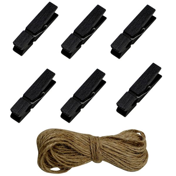 Wooden Clothes Pins, 100pcs 1.3Inch (3.5cm) Black Small Wooden Chip Clips with 33 Feet Jute Twine for Bag Clips Clothespin Bag Clothes Pin Heavy Duty Outdoor(Black)