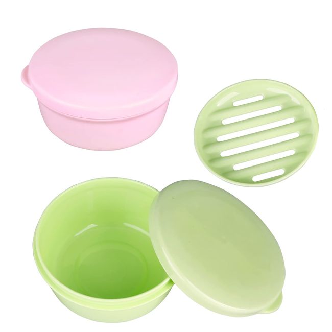 TITATI Plastic Soap Container, Soap Bar Holder Travel Case Portable Round Soap Dishes with Lid Leak-Proof Soap Box for Shampoo Bar (Pink & Green)