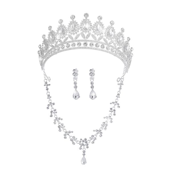 Geurlev Tiaras and Crowns for Women,Tiaras Earrings Necklace, Crystal Bridal Jewelry Set, Costume Party Halloween Prom Pageant Jewelry for Women Girls(GE1006) Silver