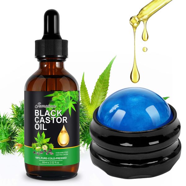 Castor Massage Oil +Roller Massager Gift Set, Organic Jamaican Black Castor Oil Cold Pressed Unrefined for Hair Growth and Body, Massage Oil & Manual Massage Roller Ball for Eyebrow, Skin Care