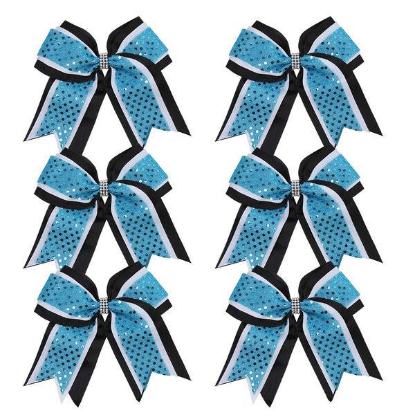 Cheerleader Bows 8 Inch 3 Layers 6 Pcs Ponytail Holder Jumbo Cheerleading Bows Hair Elastic Hair Tie for High School College (Black/White/light bright blue))