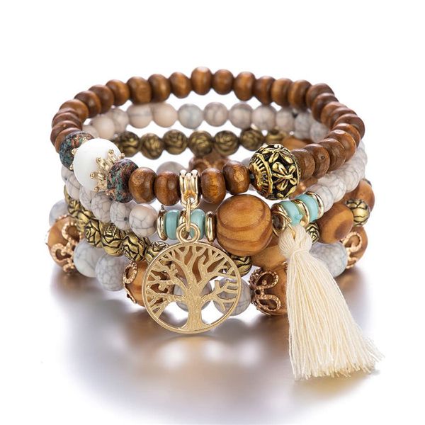 GAUEIOUR Boho Beaded Bracelet,Multi-Layer Wooden Beaded Bracelet,Elastic Bracelet,Tassel Bracelet Tourist Souvenir Tree Of Life Bracelet Women (Pack Of 4)