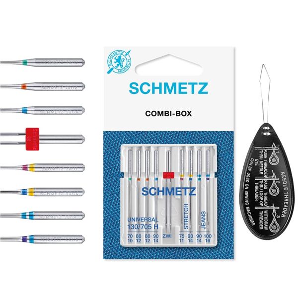 Combi-Box Combination Pack of 9 Universal, Twin, Stretch & Jeans/Denim Sewing Machine Needles, Includes Large Needle Threader