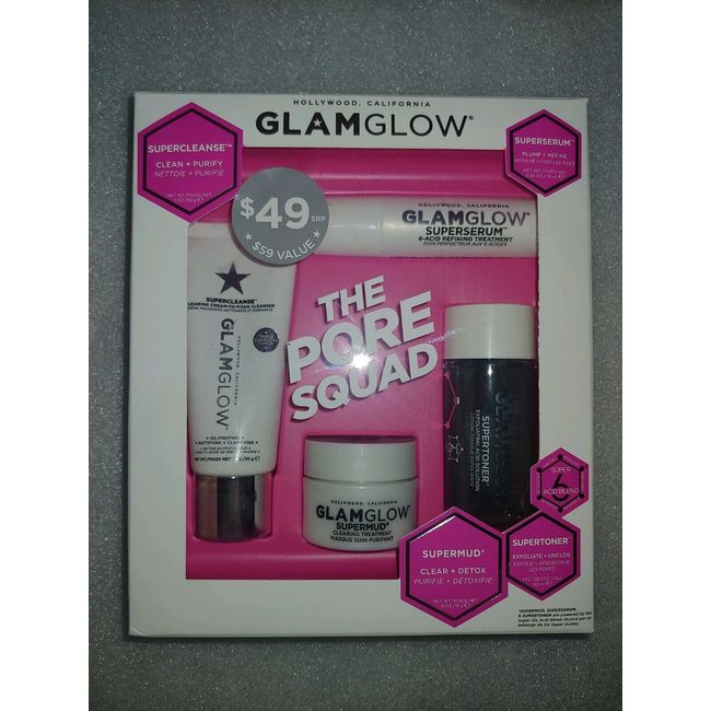 GLAMGLOW * THE PORE SQUAD SET * SUPER MUD, SERUM, TONER, CLEANSE * NEW BOXED