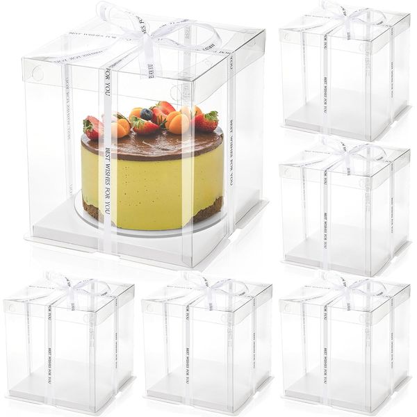 6 Pcs Clear Cake Box with Ribbon 2-Layer Tall Packaging Boxes 8X8X9" PET Carrier