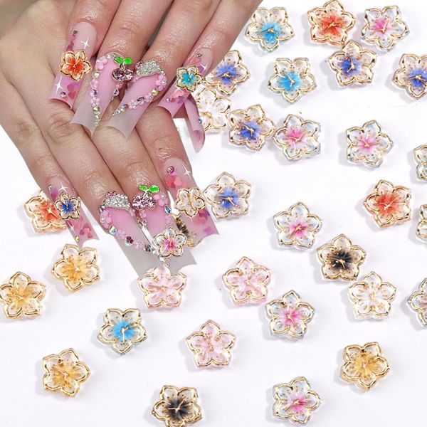 50Pcs Flower Nail Charms 3D Lovely Flower Charms Nail Rhinestones Gold Edge Glaze Design Resin Nail Jewels Colorful Floral Nail Art Charms Supplies Cherry Blossom Petals Nail Gems for Acrylic Nails