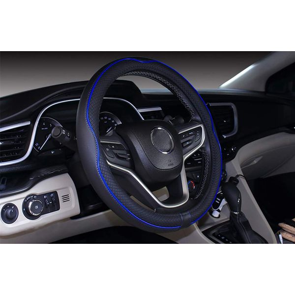 Istn Microfiber Leather Car Steering Wheel Cover Universal 15 inch/38cm Breathable Anti-slip Protector for Auto/SUV (Black Dark Blue)