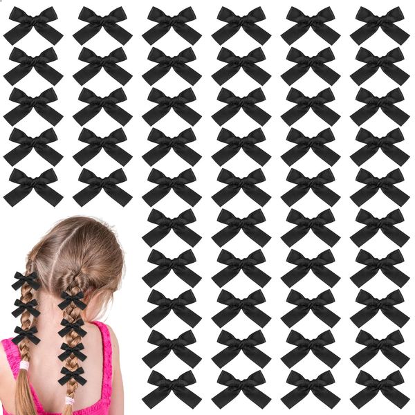 50 Pcs Mini Bow Hair Clips, Mini Bowknot, Satin Mini Bow Clips Metal Barrettes Hair Accessories Non-Slip Ribbon Hairpins Ribbon Alligator Clips Twist Tie Silky Satin Hair Ribbon for Women Girls(Black)