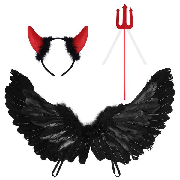 KESYOO 3Pcs Halloween Devil Costume Cosplay Darkness Angel Wings Devil Horn Headband Red Pitchfork Devil Accessories for Halloween Party