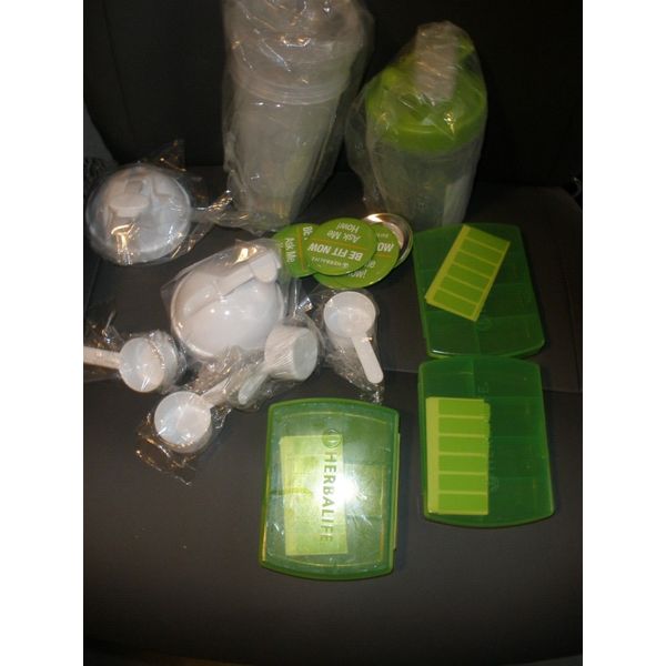 Lot of NEW Herbalife Shake Cups, Pill Boxes, Buttons, Measuring Spoons (SU50)