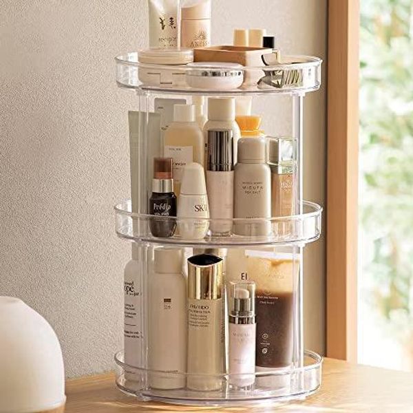 GLAMFORT Cosmetic Storage, Transparent, 360° Rotating, Makeup Box, Large Capacity, Bathroom, Vanity, Washroom Storage Box, Easy to Organize, Small Item Storage, Multifunctional Cosmetic Storage (23.5cm, 3 Layers)