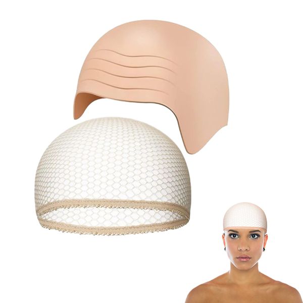 2PCS Bald Cap 1 Wrinkle Bald Head Cover and 1 Skin Tone Hair Net Makeup Bald Head Wig Cap Costume Accessory Halloween Bald Cap Bald Bald Wig Cap Fancy Dress Bald Cap for Women Bald Cap Kids Funny Wig