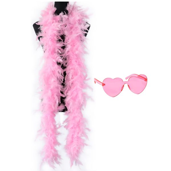 db11 Colorful Feather Boas, 6.6ft Feather Boa for Women for Dancing Wedding Party Cosplay Halloween,with Heart Rimless Sunglasses (Pink)