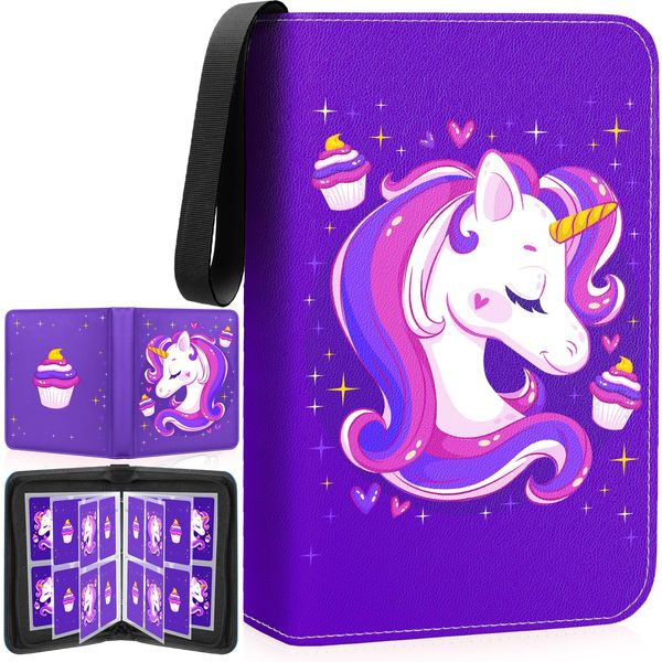 Card Binder for Lorcana/Game Cards, 400 Cards Holder Zipper Card Binder Gift for Girls with 50 Removable Sleeves, Card Binder 4 Pocket Trading Cards Album Collection Binder （Purple）