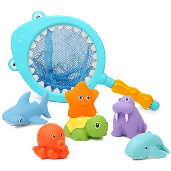 Bath Toy, Water Spraying Discoloration Floating Animals, Bathroom Pool Accessory, Shark Fishing Play Set for Babies and Kids