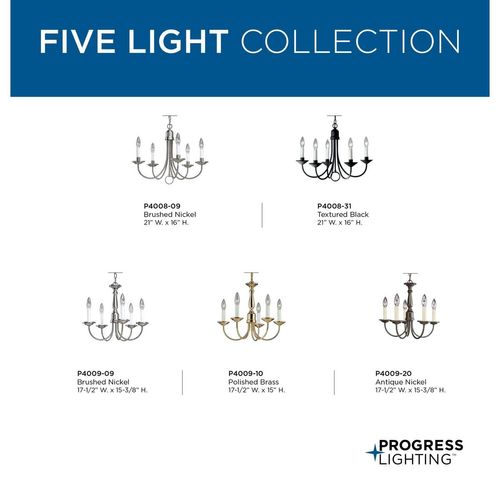 Progress Lighting P4008-09 5-Light Chandelier, Brushed Nickel 21-Inch Diameter x 16-Inch Height